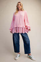 Easel Eyelet Lace Bottom Washed Terry Pullover Top in Sweet Pink
