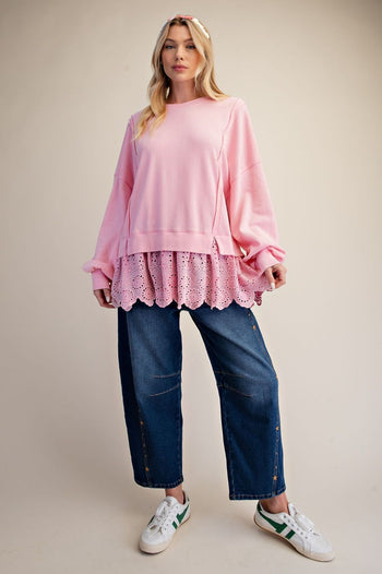 Easel Eyelet Lace Bottom Washed Terry Pullover Top in Sweet Pink
