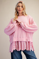 Easel Eyelet Lace Bottom Washed Terry Pullover Top in Sweet Pink