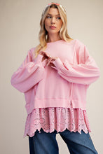 Load image into Gallery viewer, Easel Eyelet Lace Bottom Washed Terry Pullover Top in Sweet Pink
