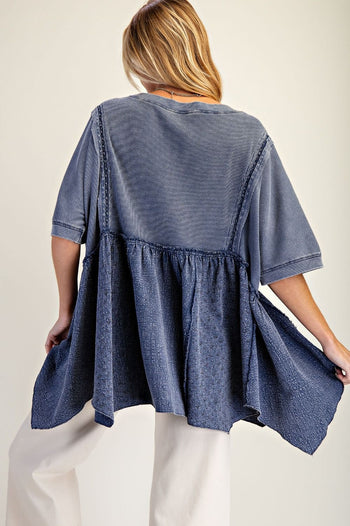 Easel Waffle Knit and Floral Textured Babydoll Top in Blueberry