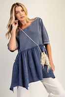 Easel Waffle Knit and Floral Textured Babydoll Top in Blueberry