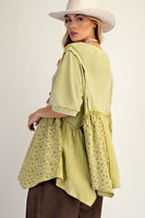 Easel Waffle Knit and Floral Textured Babydoll Top in Olive ON ORDER