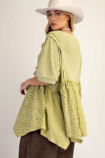Easel Waffle Knit and Floral Textured Babydoll Top in Olive ON ORDER