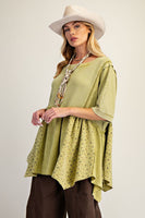 Easel Waffle Knit and Floral Textured Babydoll Top in Olive ON ORDER