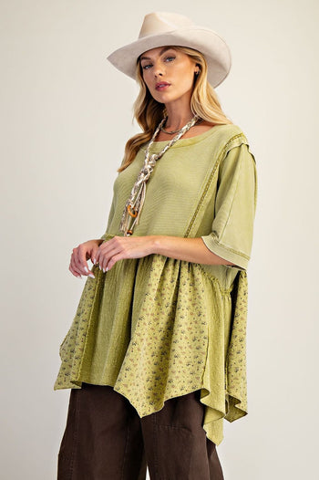 Easel Waffle Knit and Floral Textured Babydoll Top in Olive ON ORDER