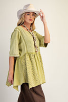 Easel Waffle Knit and Floral Textured Babydoll Top in Olive ON ORDER