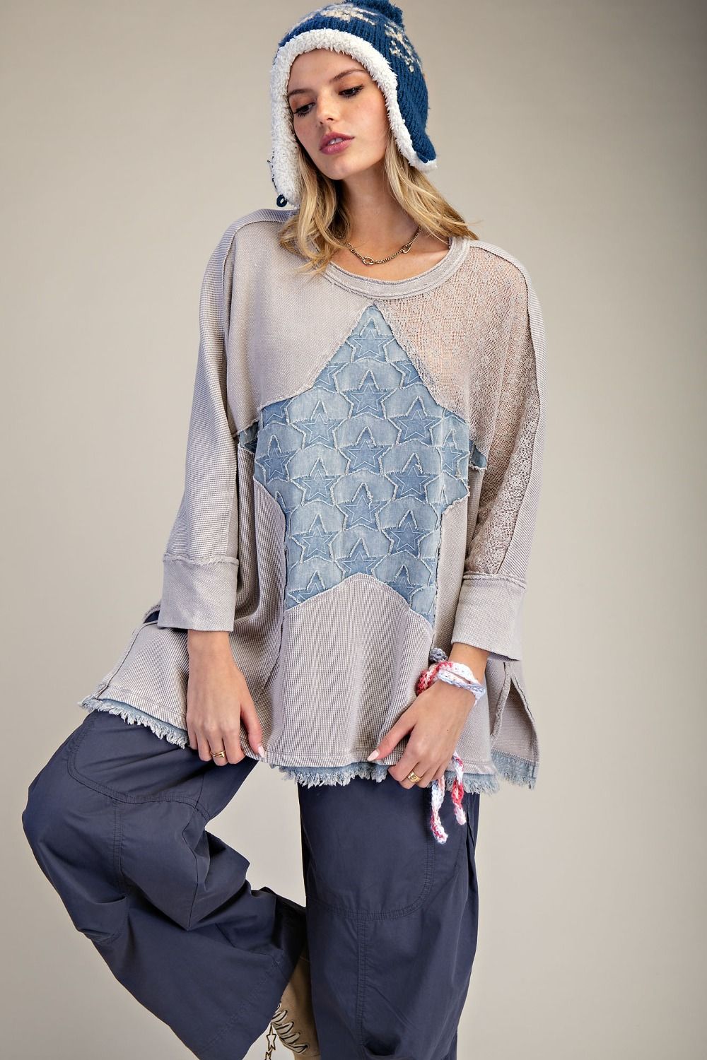 Easel Star patched Waffle Knit Top in Light Ash – June Adel
