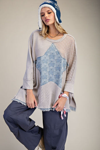 Easel Star patched Waffle Knit Top in Light Ash
