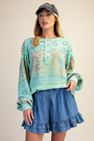 Easel Mixed Print Patchwork Top in Atlantis Green