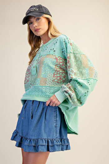 Easel Mixed Print Patchwork Top in Atlantis Green