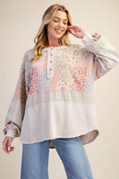 Easel Mixed Print Patchwork Top in Light Khaki
