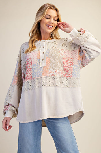 Easel Mixed Print Patchwork Top in Light Khaki