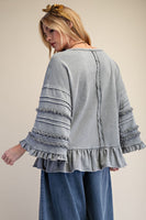 Easel Mineral Washed Terry Knit Ruffle Detailed Top in Dusty Blue