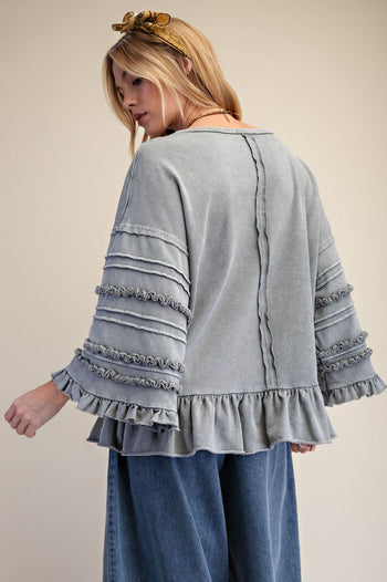Easel Mineral Washed Terry Knit Ruffle Detailed Top in Dusty Blue