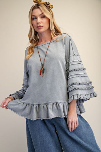 Easel Mineral Washed Terry Knit Ruffle Detailed Top in Dusty Blue