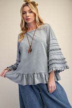 Load image into Gallery viewer, Easel Mineral Washed Terry Knit Ruffle Detailed Top in Dusty Blue
