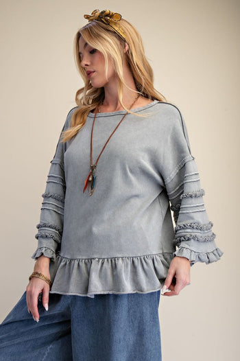Easel Mineral Washed Terry Knit Ruffle Detailed Top in Dusty Blue