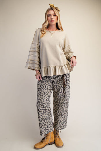 Easel Mineral Washed Terry Knit Ruffle Detailed Top in Latte