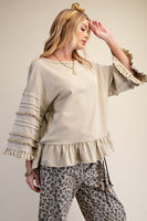 Easel Mineral Washed Terry Knit Ruffle Detailed Top in Latte