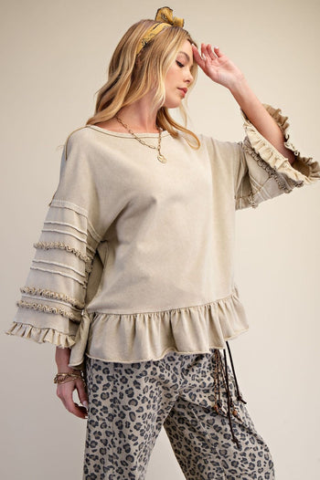Easel Mineral Washed Terry Knit Ruffle Detailed Top in Latte