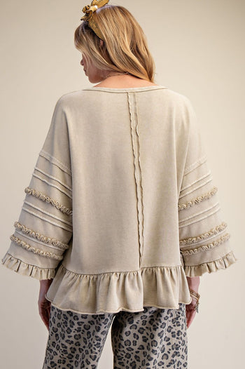 Easel Mineral Washed Terry Knit Ruffle Detailed Top in Latte