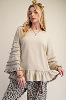Easel Mineral Washed Terry Knit Ruffle Detailed Top in Latte