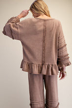 Load image into Gallery viewer, Easel Mineral Washed Terry Knit Ruffle Detailed Top in Mocha
