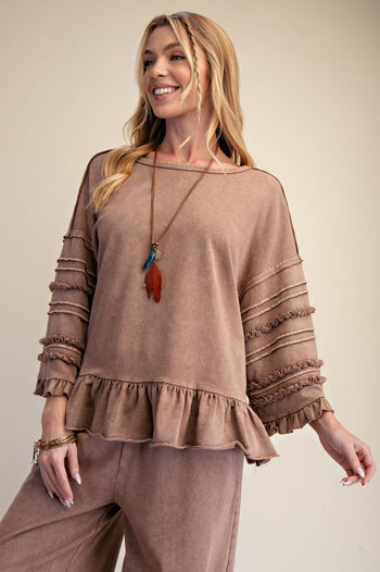 Easel Mineral Washed Terry Knit Ruffle Detailed Top in Mocha