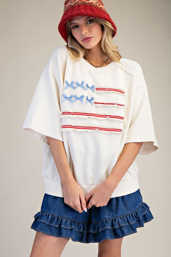 Easel American Flag Terry Knit Pullover Top in Ivory