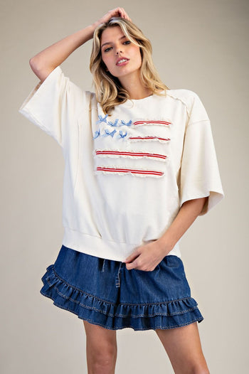 Easel American Flag Terry Knit Pullover Top in Ivory