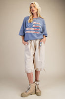 Easel American Flag Terry Knit Pullover Top in Washed Denim