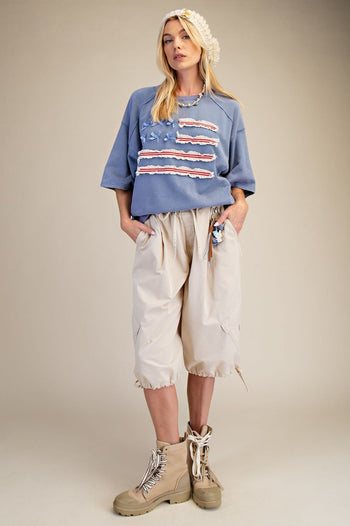 Easel American Flag Terry Knit Pullover Top in Washed Denim