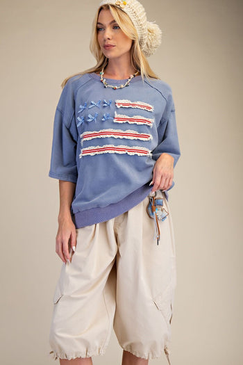 Easel American Flag Terry Knit Pullover Top in Washed Denim