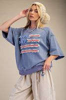 Easel American Flag Terry Knit Pullover Top in Washed Denim