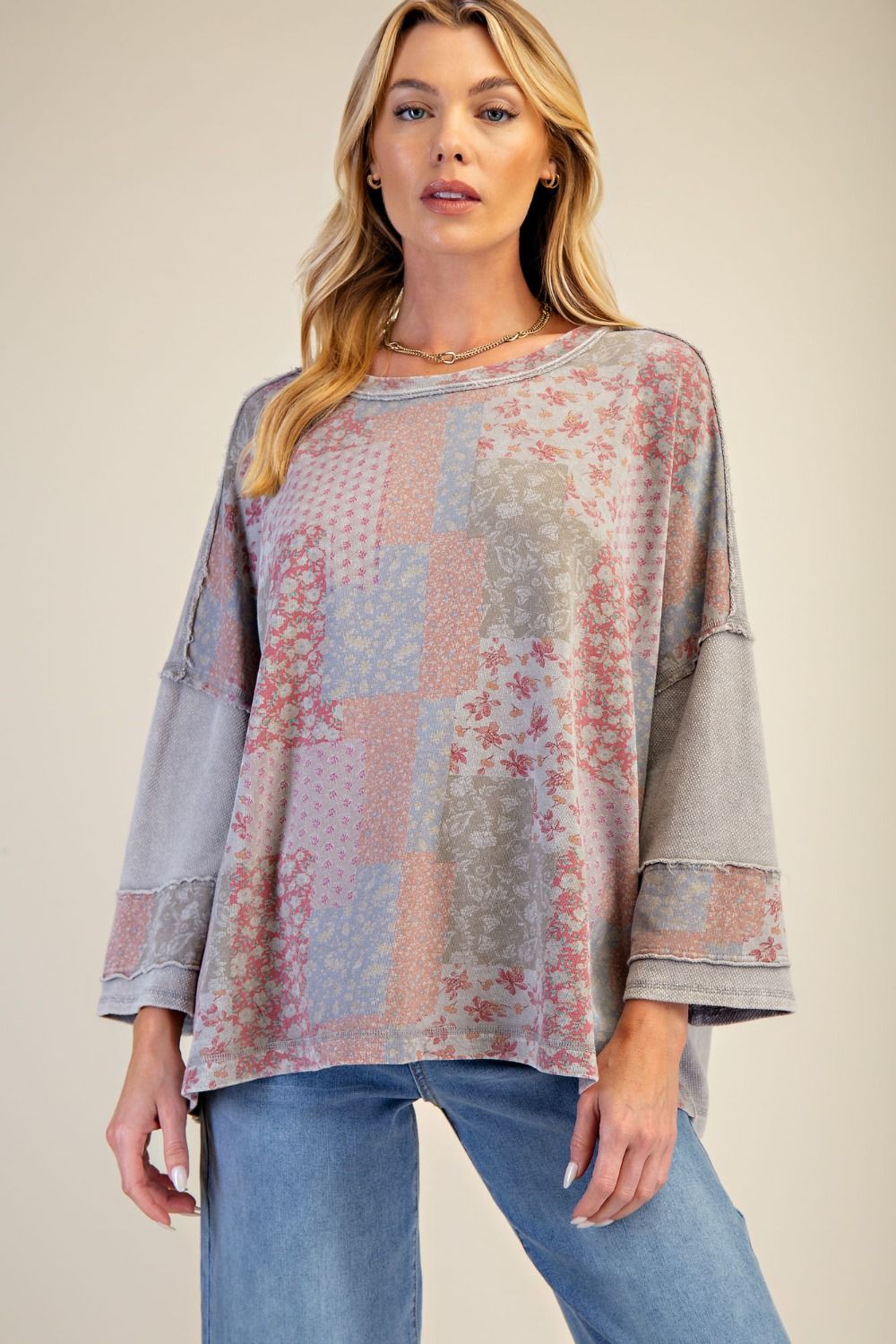 Easel Patchwork Print Loose Fit Top in Ash – June Adel
