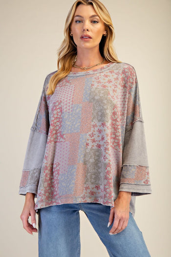 Easel Patchwork Print Loose Fit Top in Ash