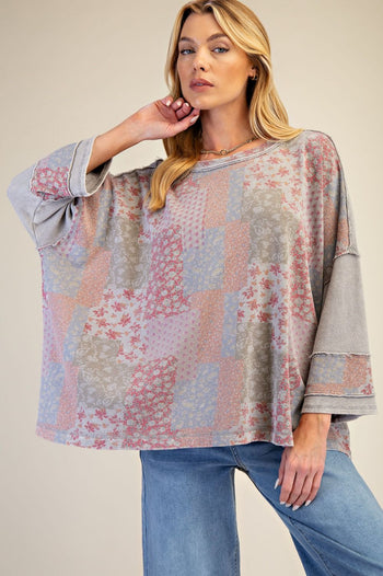 Easel Patchwork Print Loose Fit Top in Ash