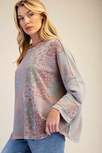 Easel Patchwork Print Loose Fit Top in Ash