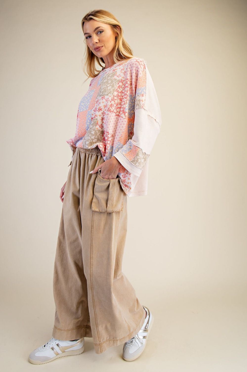 Easel Patchwork Print Loose Fit Top in Blush – June Adel