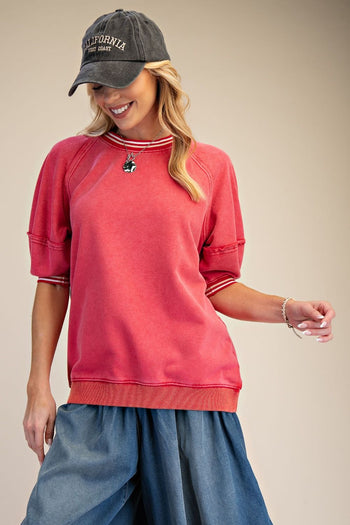 Easel Mineral Washed Terry Knit Banded Striped Detail Top in Boho Red