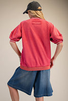 Easel Mineral Washed Terry Knit Banded Striped Detail Top in Boho Red