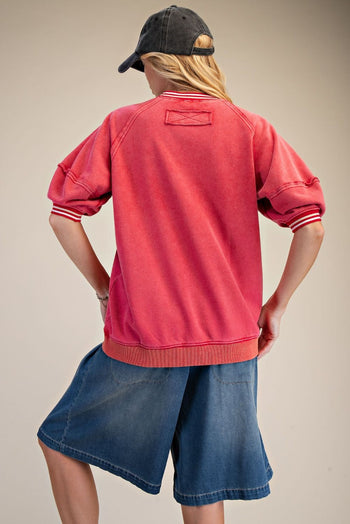 Easel Mineral Washed Terry Knit Banded Striped Detail Top in Boho Red