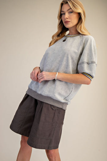 Easel Mineral Washed Terry Knit Banded Striped Detail Top in Cloud Grey