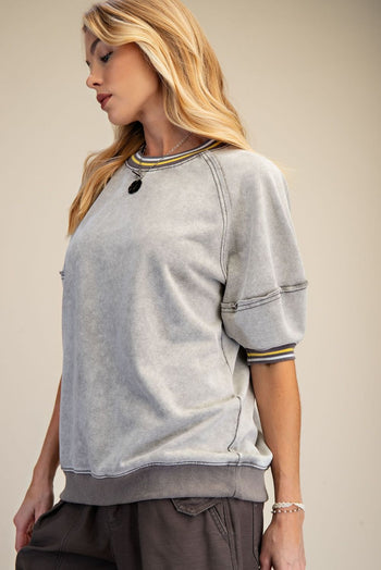 Easel Mineral Washed Terry Knit Banded Striped Detail Top in Cloud Grey