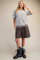 Easel Mineral Washed Terry Knit Banded Striped Detail Top in Cloud Grey