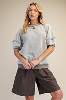 Easel Mineral Washed Terry Knit Banded Striped Detail Top in Cloud Grey