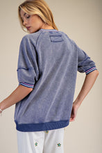 Load image into Gallery viewer, Easel Mineral Washed Terry Knit Banded Striped Detail Top in Washed Denim
