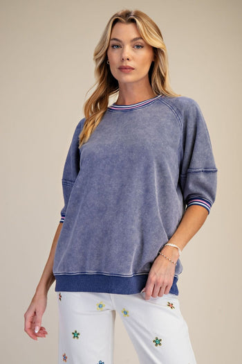 Easel Mineral Washed Terry Knit Banded Striped Detail Top in Washed Denim