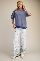 Easel Mineral Washed Terry Knit Banded Striped Detail Top in Washed Denim